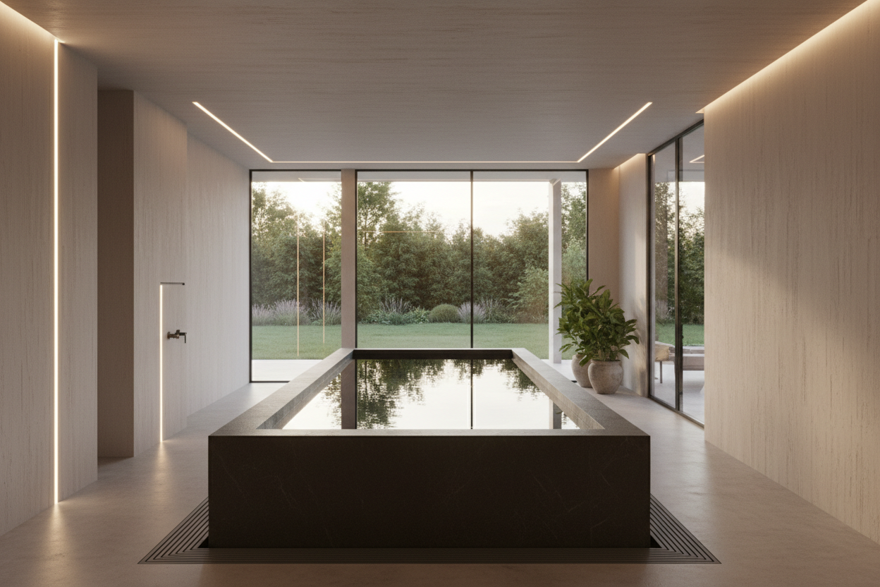Ultra-luxury cold plunge pool installed in a modern indoor wellness space, sleek rectangular plunge design, dark stone or matte finish, still water surface, soft indirect lighting, minimalist spa environment, floor-to-ceiling windows, high-end residential setting, no people, no text, photorealistic, cinematic lighting, premium wellness aesthetic