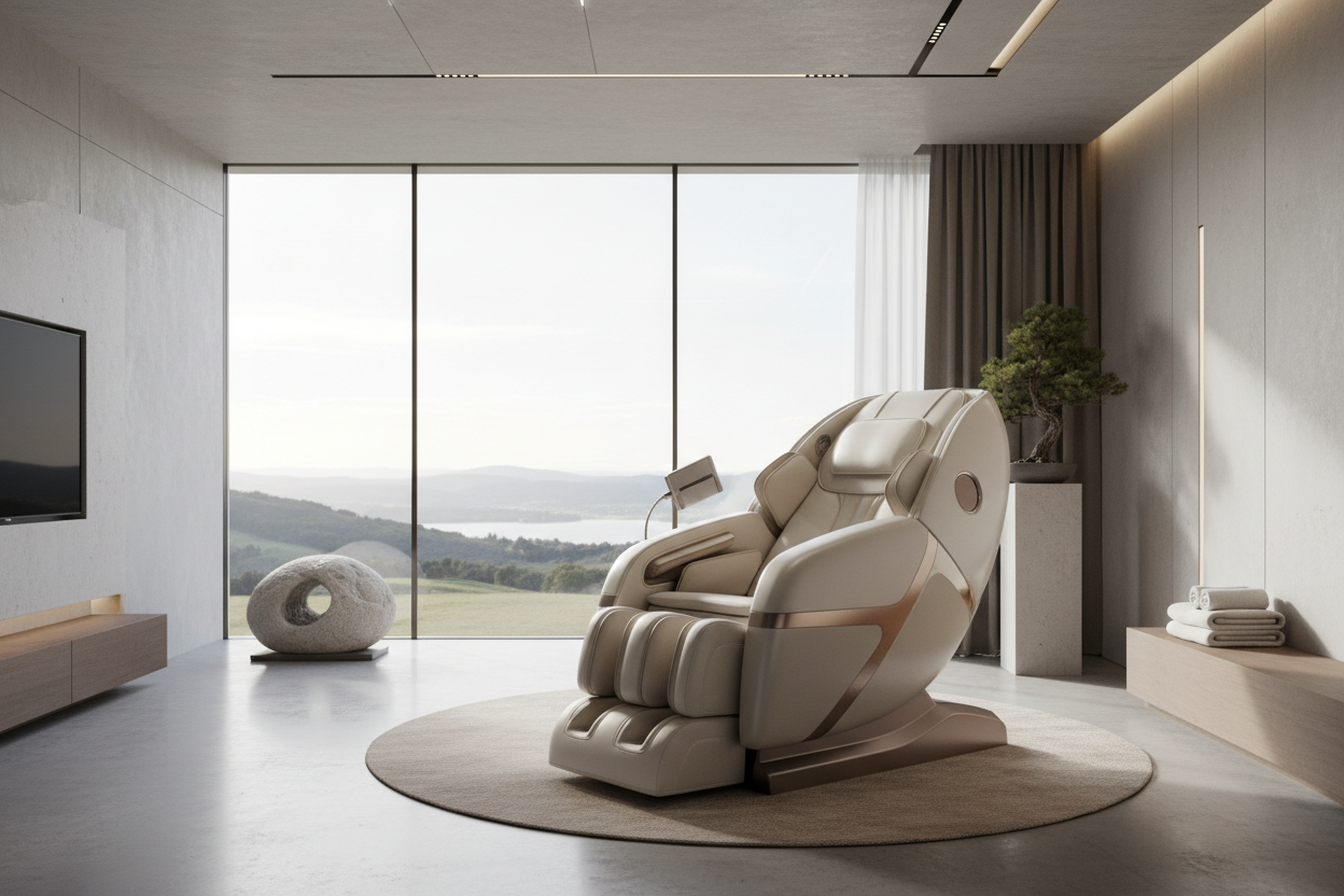 Ultra-luxury full-body massage chair in a modern private wellness room, advanced ergonomic design, premium upholstery, sleek contours, neutral tones, soft ambient lighting, minimalist high-end interior, large windows with natural light, no people, no text, photorealistic, cinematic lighting, luxury wellness aesthetic