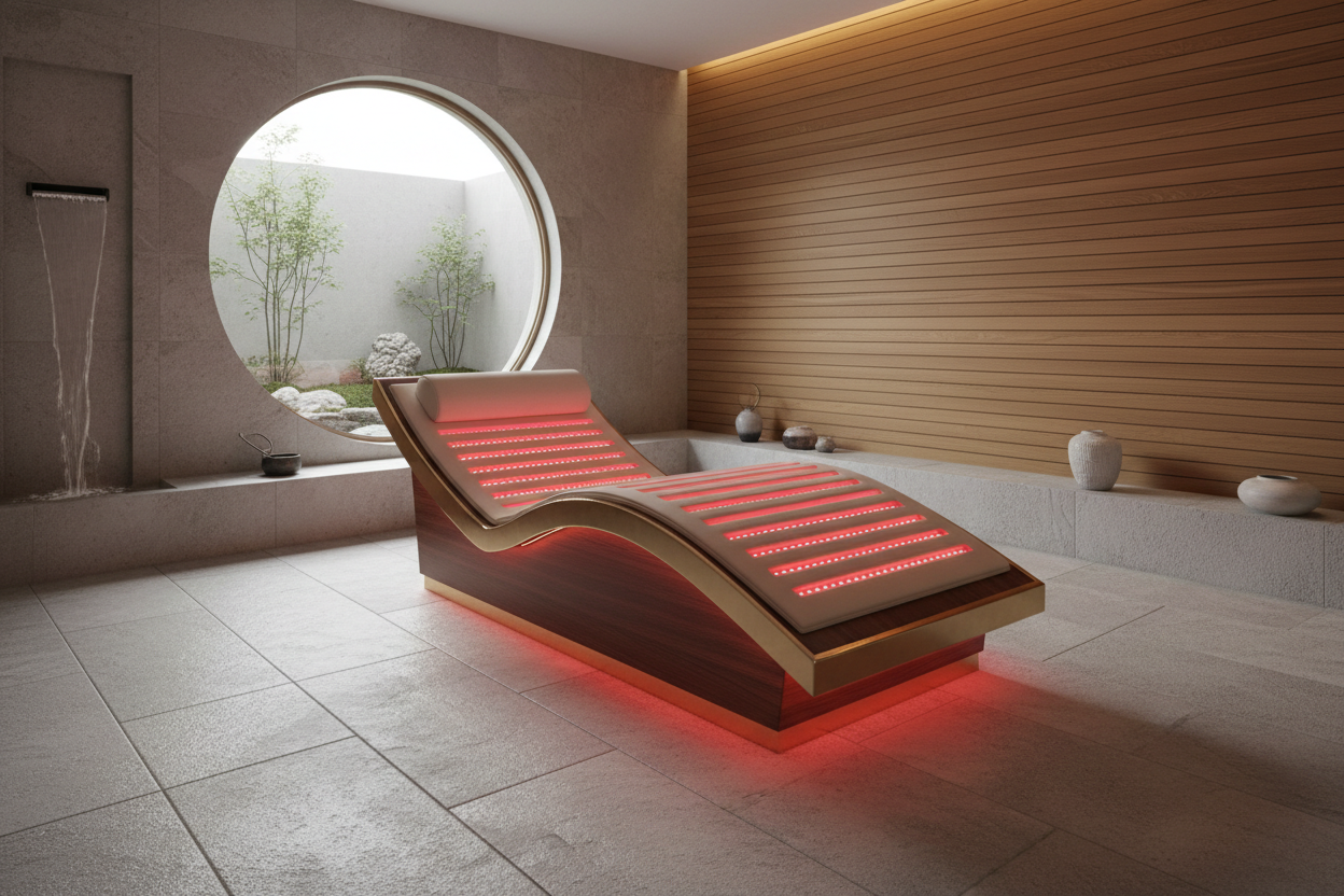 Ultra-luxury red light therapy bed in a modern wellness room, sleek reclined bed design with integrated red light panels, soft red ambient glow, minimalist high-end interior, neutral tones, stone or wood flooring, calm spa atmosphere, no people, no text, photorealistic, cinematic lighting, premium wellness technology aesthetic