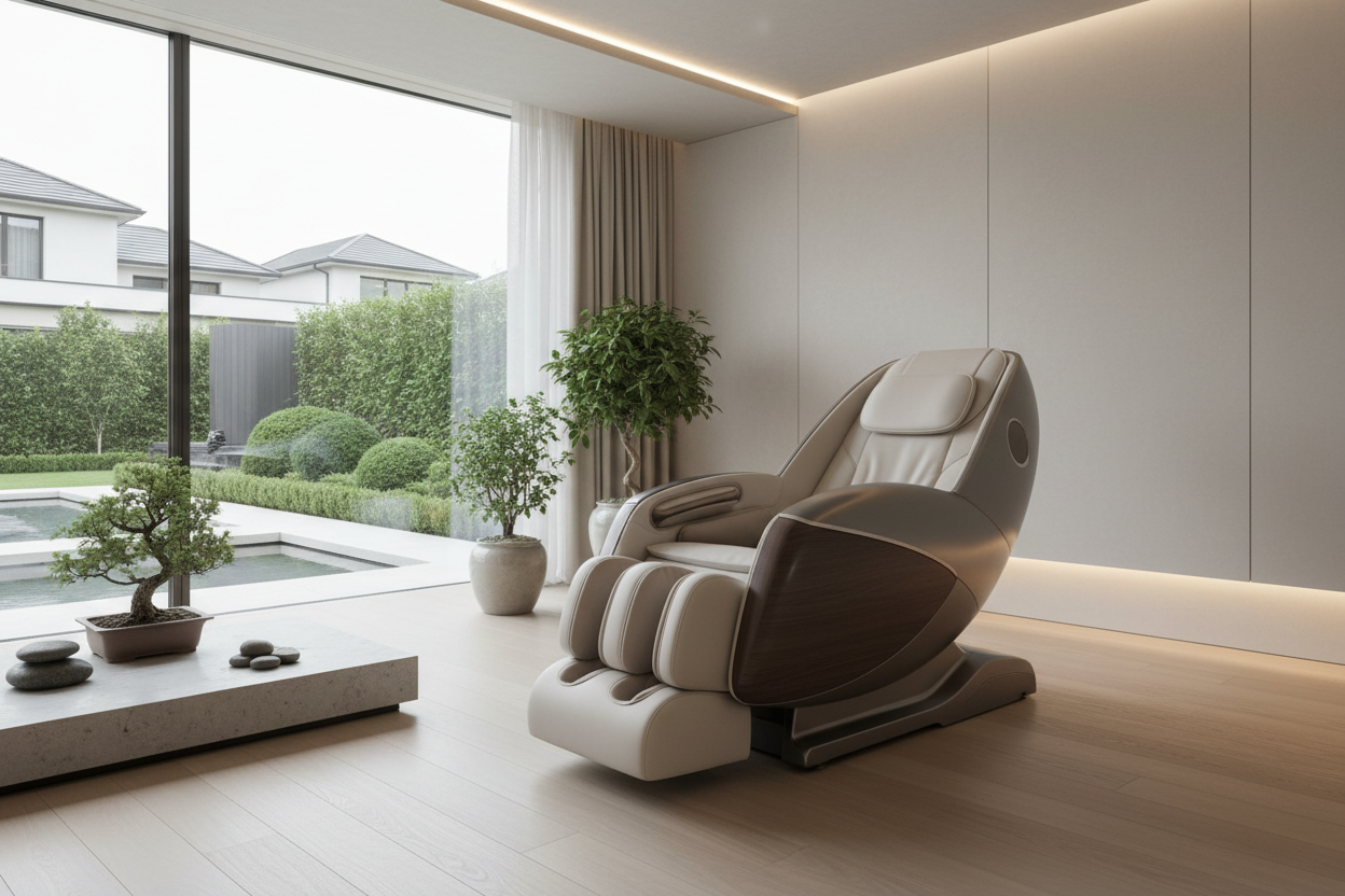 Ultra-luxury zero gravity massage chair in a modern wellness room, sleek ergonomic design, neutral tones, soft ambient lighting, minimalist interior, large windows with natural light, premium residential setting, no people, no text, photorealistic, high-end wellness aesthetic