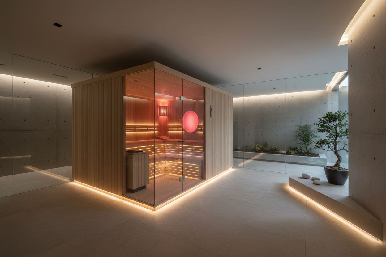 Ultra-luxury home infrared sauna installed in a modern private wellness room, clean architectural lines, premium natural wood interior, soft ambient lighting, minimalist design, spa-like atmosphere, high-end residential setting, no people, no text, photorealistic, cinematic lighting, wide-angle composition, neutral tones, luxury wellness aesthetic

