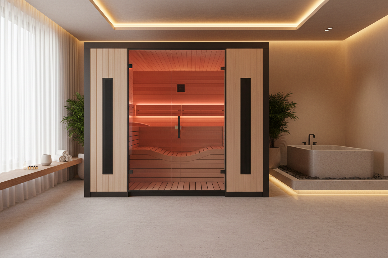 Ultra-luxury home infrared sauna installed in a modern private wellness room, clean architectural lines, premium natural wood interior, soft ambient lighting, minimalist design, spa-like atmosphere, high-end residential setting, no people, no text, photorealistic, cinematic lighting, wide-angle composition, neutral tones, luxury wellness aesthetic
