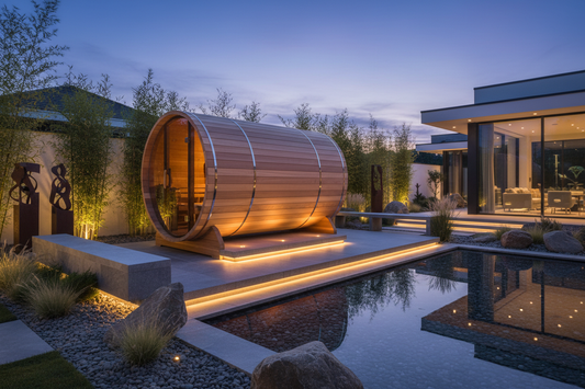 Ultra-luxury outdoor barrel sauna in a modern landscaped backyard, curved wooden barrel design, natural cedar wood, stone patio, soft ambient evening lighting, minimalist outdoor wellness environment, high-end residential setting, no people, no text, photorealistic, cinematic lighting, premium outdoor sauna aesthetic
