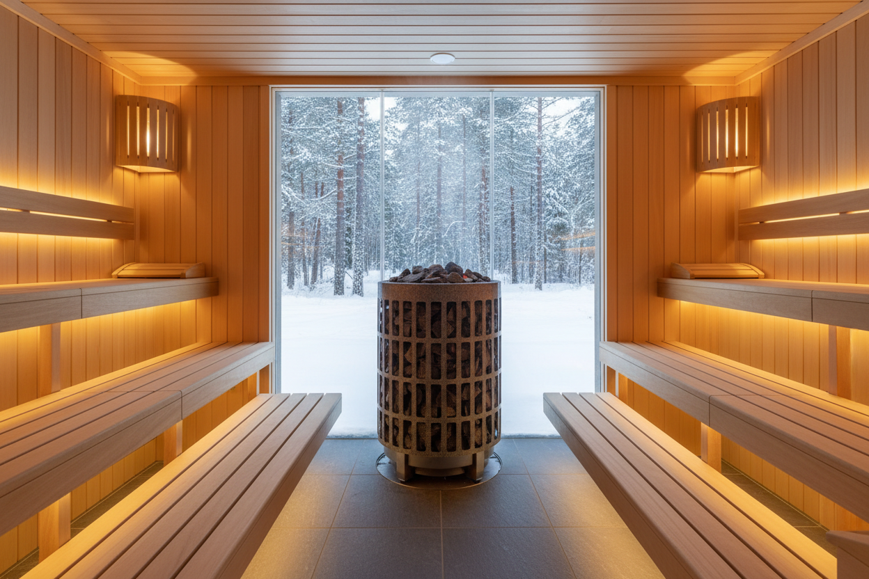 Ultra-luxury traditional Finnish sauna interior with heated stone sauna heater, warm natural wood walls and benches, soft ambient lighting, subtle steam, minimalist architectural design, high-end residential wellness space, no people, no text, photorealistic, cinematic lighting, premium sauna aesthetic
